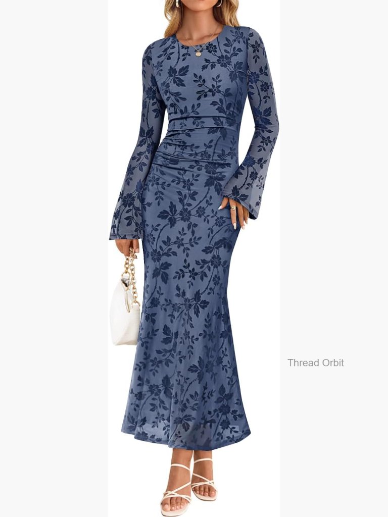 Women's Long Sleeve Floral Bodycon Maxi Dress Ruched Mesh Wedding Guest
